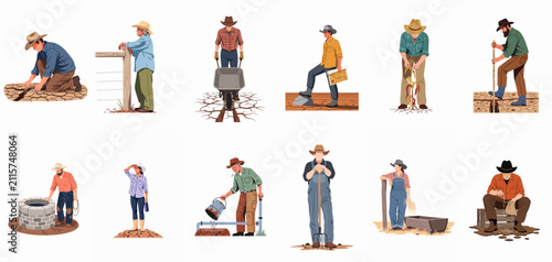 Collection of diverse farmers facing drought and water scarcity challenges on parched land, depicted in a flat illustration style.
