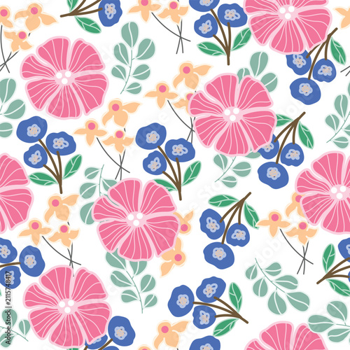 Colorful seamless floral pattern featuring pink flowers, blue blossoms and green leaves on a white background. Cute botanical repeat design ideal for fabric, textile, wrapping paper, wallpaper, scrapb