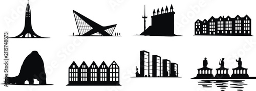 Foto Architectural landmark silhouettes, modern city skyline icons, historical buildi