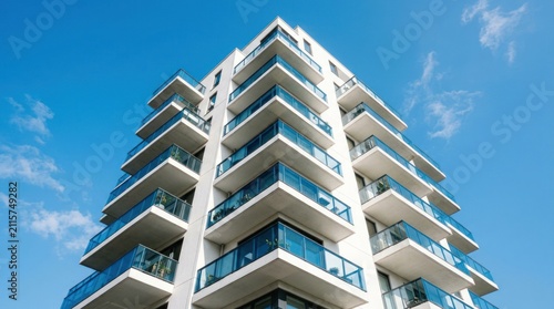 Modern High Rise Apartment Building with Balconies Against Blue Sky.