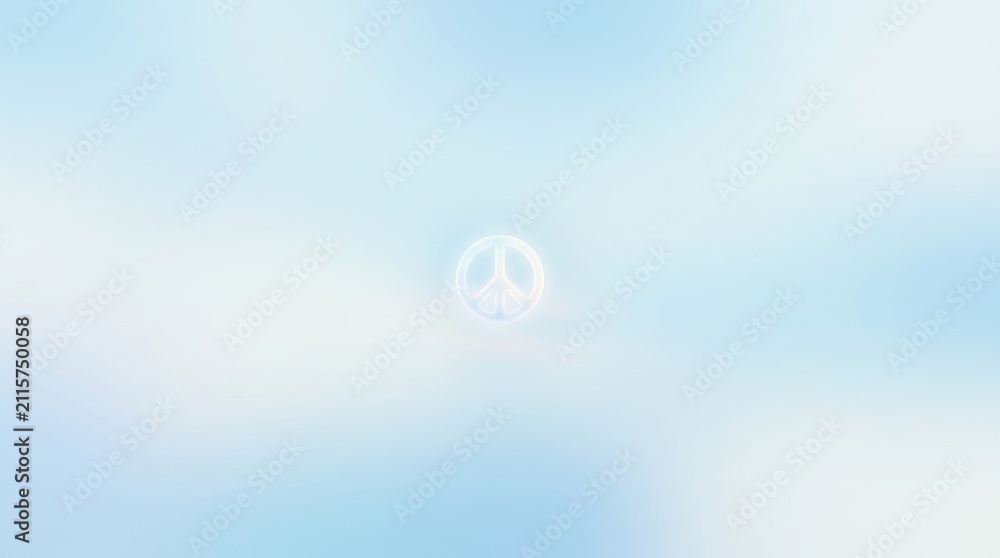 Fototapeta premium Minimalist peace sign symbol floating centered within a soft ethereal light blue cloudy background