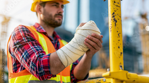 A construction worker wearing an orange safety vest stands on a construction site with his arm completely bandaged. The concept of industrial accidents, insurance, and safety on a construction site.