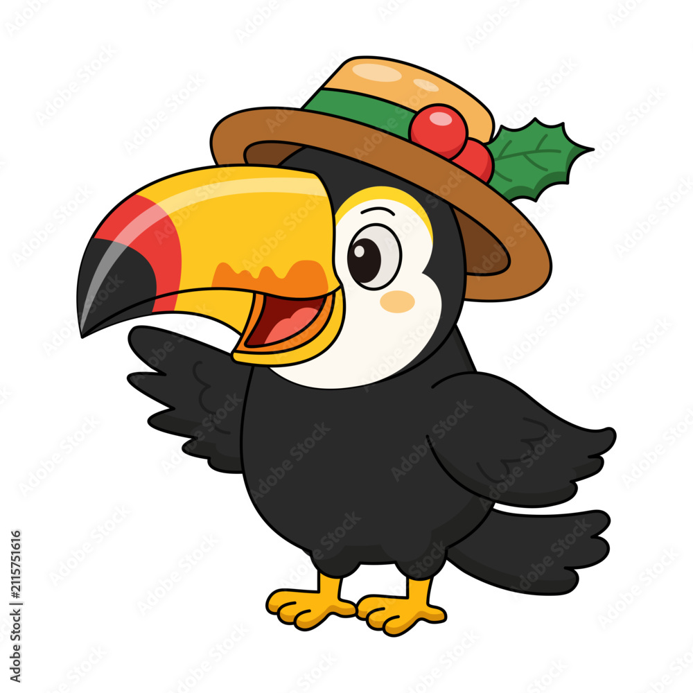 Fototapeta premium Toucan wearing a holiday hat and holding festive greenery.