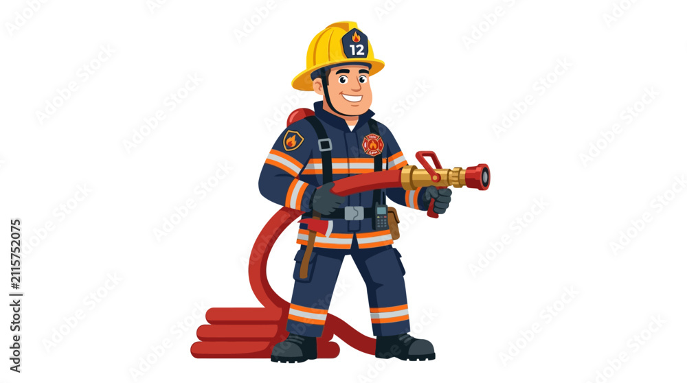 Obraz premium Cartoon firefighter holding hose in uniform ready for action