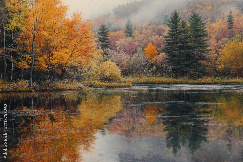 Obraz premium Autumn trees reflecting in calm lake water