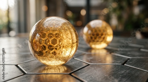 Two glowing orbs with honeycomb patterns on a metallic surface.