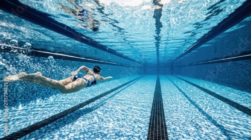 Underwater view of a woman swimming laps in a blue swimming pool.