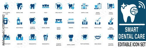 Bild auf Leinwand Smart dental care icon set including smart dentistry, oral hygiene, clinic checkup, teeth whitening, veneers, tooth filling, and pediatric dentistry vector symbols