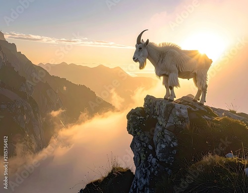 A majestic mountain goat stands on a rocky precipice at sunrise.
