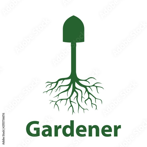 Logotipo Gardener. Dibujo sencillo de la silueta de color verde de una pala de jardinería de la que asoman raíces de planta como si fuese un árbol
