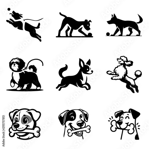 Dog Silhouette Collection Set with Cute Puppy Icons, Pet Mascot Logos, Canine Vector Clipart Bundle, Black and White Isolated Illustrations for SVG, EPS, AI and JPG