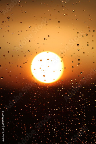 Raindrops on Window Glass During Golden Hour Sunset