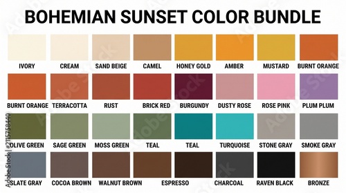 Bohemian sunset color palette bundle swatch chart with bohemian, resource