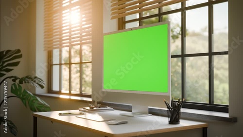 All in One Computer Monitor Green Screen Mockup – Static Seamless Loop with Moving Trees in Bright Sunlit Office - Perspective Shoot