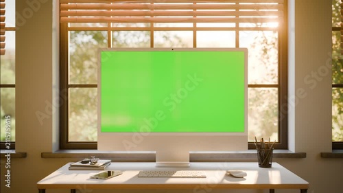 All in One Computer Monitor Green Screen Mockup – Static Seamless Loop with Moving Trees in Bright Sunlit Office - Front View