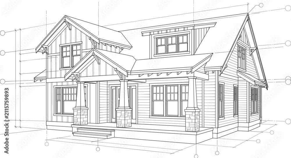 Fototapeta premium Modern Residential House CAD Drawing with Isometric Architectural Blueprint and Exterior Design