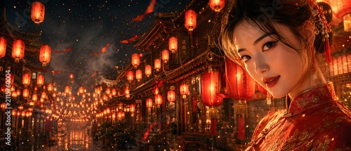 Close up portrait of beautiful young Asian woman in traditional red qipao dress at Chinese New Year celebration festival street with lanterns, lunar new year concept with copy space, generative AI