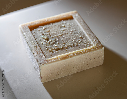 close-up of a cracked soap bar covered with tiny water droplets resting on a ceramic soap dish