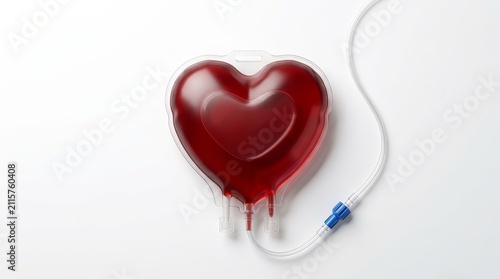 Blood donation and life saving concept with a heart-shaped blood bag and tube.