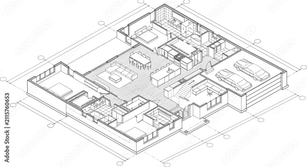Fototapeta premium Modern Residential House Floor Plan CAD Drawing with Isometric Architectural Blueprint Design