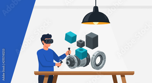 Man wearing VR headset holds controllers for virtual reality experience at home.