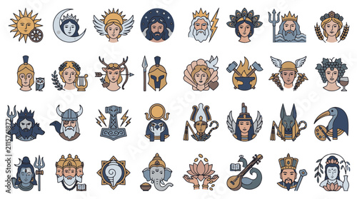 Mythological Gods and Goddesses Icon Set with Divine Symbols