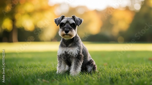 Small Miniature Schnauzer dog sits on green grass in park. Cute purebred canine looks at camera. Adorable grey pet poses outdoors during sunny day. Terrier puppy enjoys leisure time in meadow. Happy