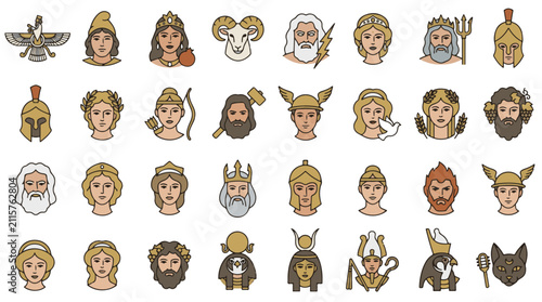 Mythology Deities Icon Set Featuring Ancient Gods and Goddesses from Various Cultures