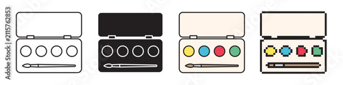 School watercolor paint set with brush vector icon set. Line, solid, filled and pixel art style palette. Back to school design element isolated on white background. Editable stroke.