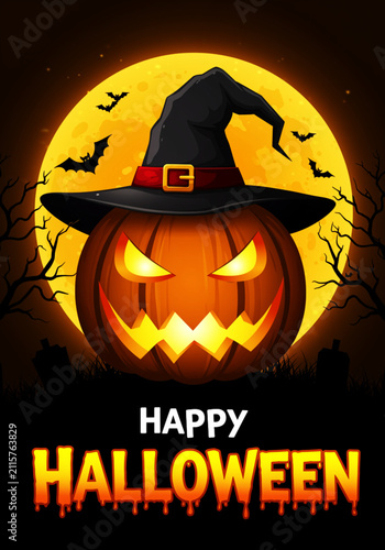 Happy Halloween vector illustration of evil glowing jack-o-lantern wearing black witch hat under large full moon with flying bats and dark forest silhouettes for party flyer.