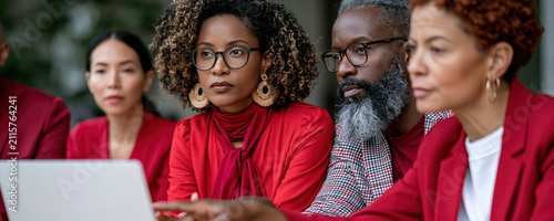 Professional business team working together on laptop, focused diverse colleagues in red outfit collaborating in office