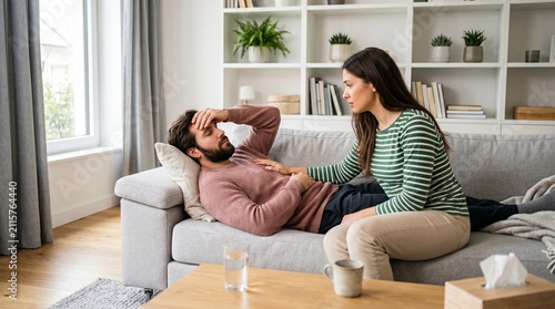 Woman comforts unwell man lying on sofa in living room.