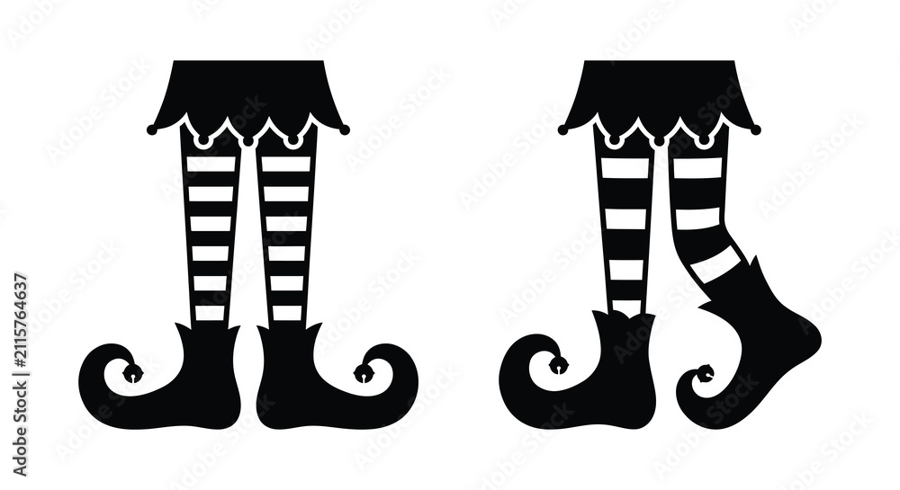Naklejka premium Elf legs with striped stockings and curled shoes black silhouette on white background