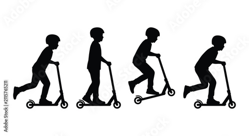 Silhouette of a child riding a scooter in four different poses white background