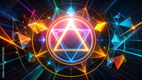 A bright, geometric abstract design with triangles and circles glows