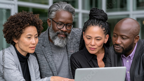 Four diverse business people working together on laptop, focused and engaged in modern office environment