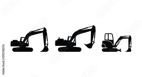 Excavator Silhouette Series On White Background Construction Machinery Black Shapes excavators digger