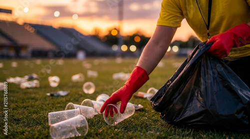 Hand in red glove collecting discarded cups into a black plastic waste bag on a grassy lawn, event cleanup and waste management