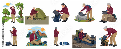 Active senior citizens using portable solar panels and green energy during outdoor camping and hiking adventures, flat vector illustration set.