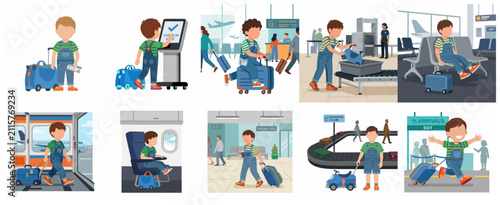 Konstfotografi Vector illustration set of a little boy's journey through the airport from check