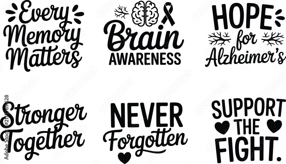 Obraz premium Alzheimer's awareness quotes, brain health slogans, 6 vector typography set Editable Vector