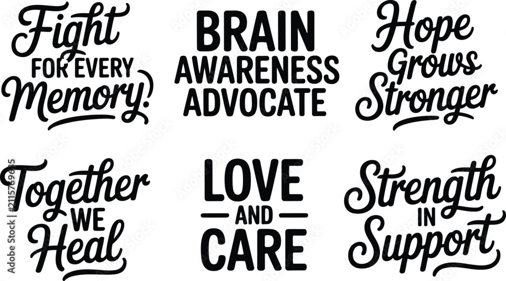 Obraz premium Brain awareness lettering set, 6 mental health quotes, support typography Editable Vector