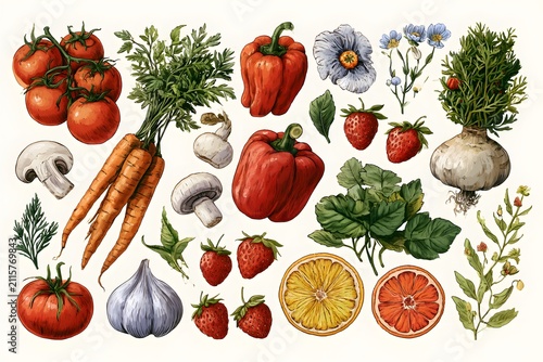 realistic hand drawn vector illustration of botanical vegetables and fruits collection, tomatoes, carrots, peppers, mushrooms, strawberries, citrus, herbs and flowers, elegant colorful outline