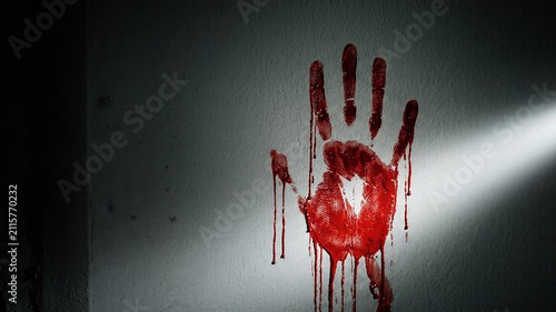 Red handprint dripping blood on a wall in a dark environment  
