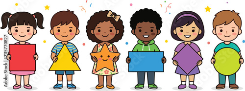 Canvastavla Cute Kawaii Diverse Children Holding Colorful Geometric Shapes Vector Illustrati