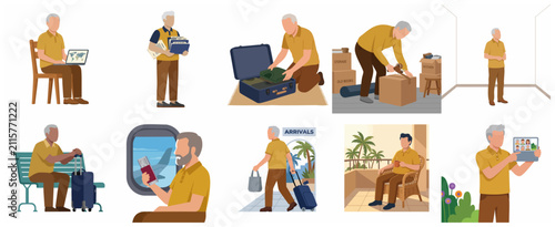Bild auf Leinwand Senior Man Retirement Travel Journey Illustration Set: From Planning and Packing