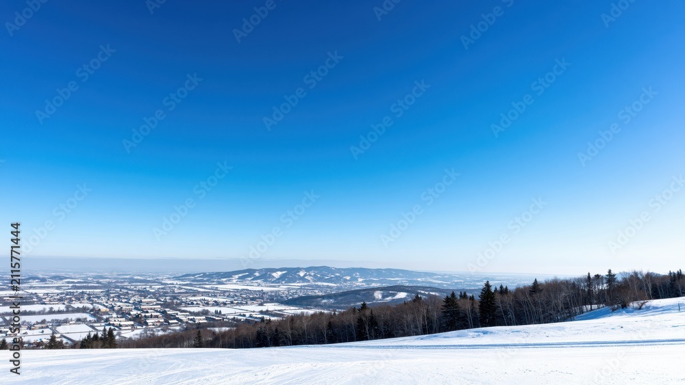 Obraz premium Winter Landscape: A panoramic view of a snow-covered landscape with a distant town nestled amongst rolling hills and a clear blue sky above.