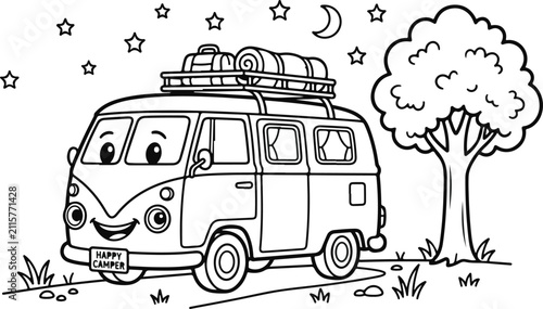 Cartoon camper van with luggage rack driving through a whimsical landscape with stars and moon