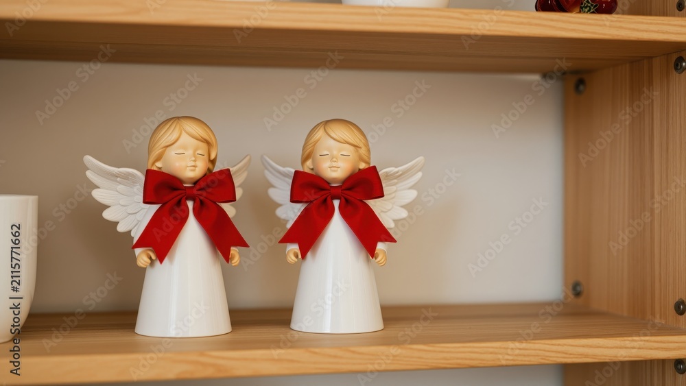 Obraz premium Two Angel Figurines with Red Bows: Two charming white angel figurines, each adorned with a bright red bow, sit peacefully on a wooden shelf, evoking a sense of serenity and holiday cheer.