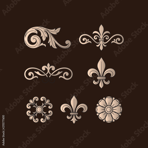 Gold fleur de lis and ornamental flourish vector elements on dark brown background, decorative luxury design elements for branding artwork